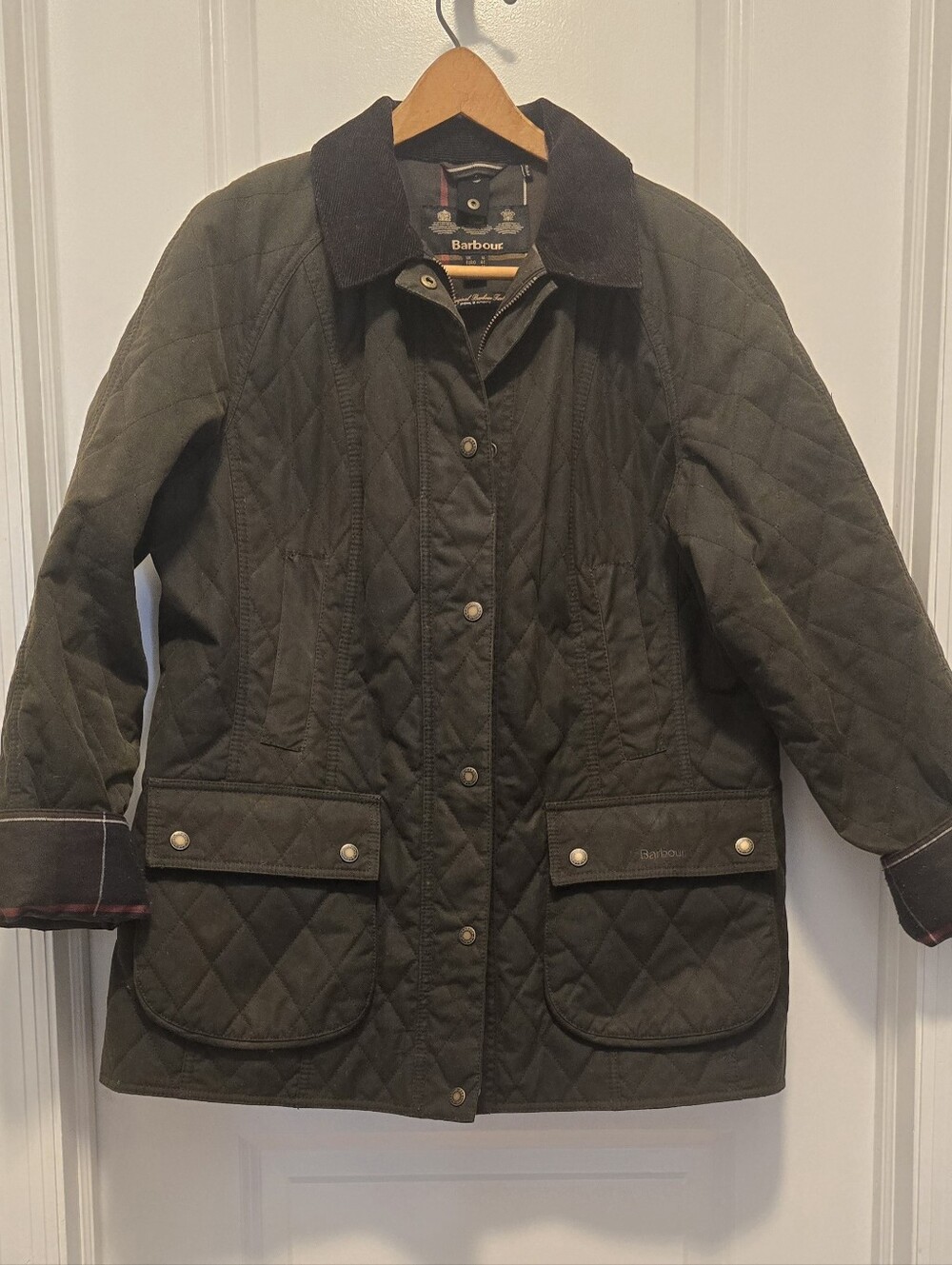 Barbour National Trust Gibbon Olive Quilted Utility Jacket with Hood, Size 12